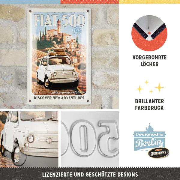 Produktbild Nostalgic-Art Merchandising Blechschild. Fiat 500 / Discover New Adventures (20 x 30 cm)