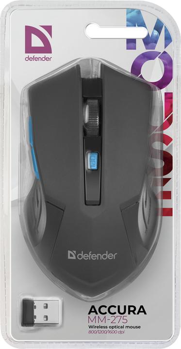 Actual product image Defender MOUSE ACCURA MM-275 RF BLACK AND BLUE OPTICAL 1600DPI 6P (Wireless)