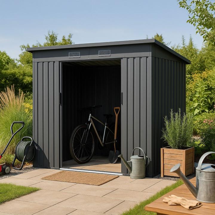 Actual product image Juskys Metall Geräteschuppen Gerätehaus M mit Pultdach - Dunkelgrau