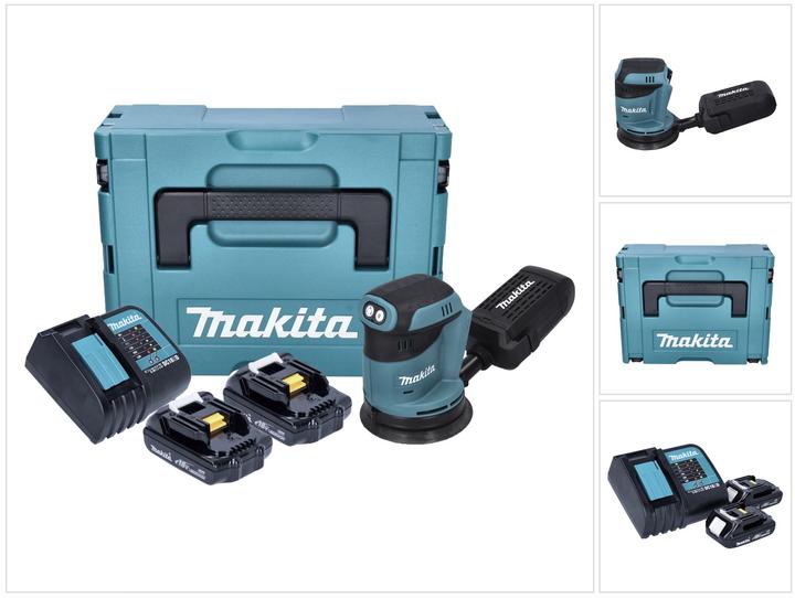1x Makita DBO 180 Akku Exzenterschleifer, 1x Schleifpapier, 1x Staubsammelaufsatz, 2x Makita BL 1815 N Akku 18 V 1,5 Ah, 1x Makita DC 18 SD Akku Ladegerät, 1x Makita Makpac, 1x Universaleinlage