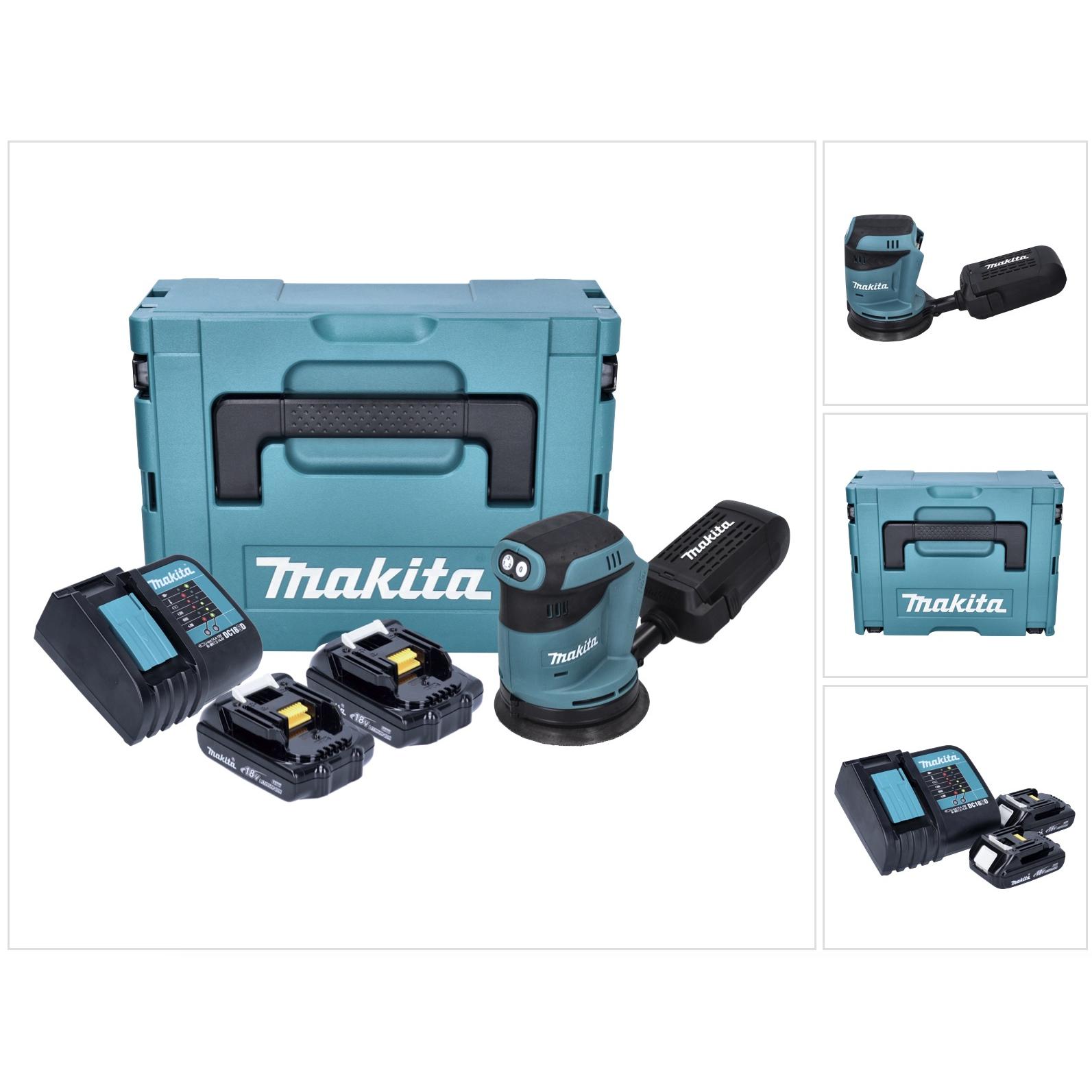 Makita, Rettificatrice + lucidatrice, DBO 180 SYJ Levigatrice orbitale a batteria 18 V 125 mm + 2x batteria 1,5 Ah + caricabatterie + (Levigatrici rot