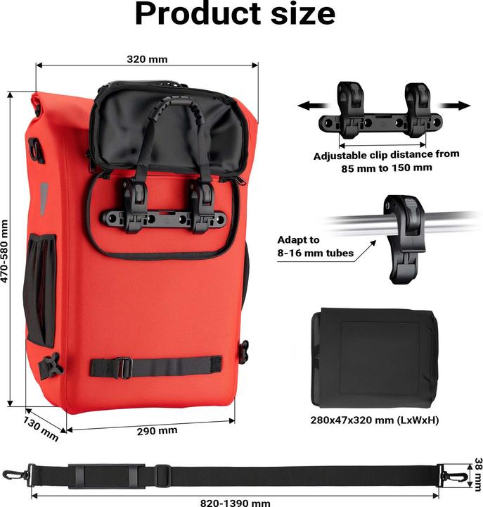 Produktbild Wiltec Gepäckträgertasche rot 20l Fahrradtasche Rucksack Gepäcktasche (20 l, Gepäckträgertasche)