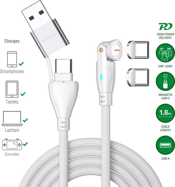 Actual product image 4smarts USB-C/A 540° magnetic cable GravityCord (1.80 m, USB 2.0, 100 W)