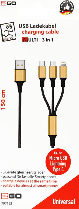 Immagine prodotto 2GO 797152 Cavo USB B USB C/Micro USB B/Lightning (1.50 m)