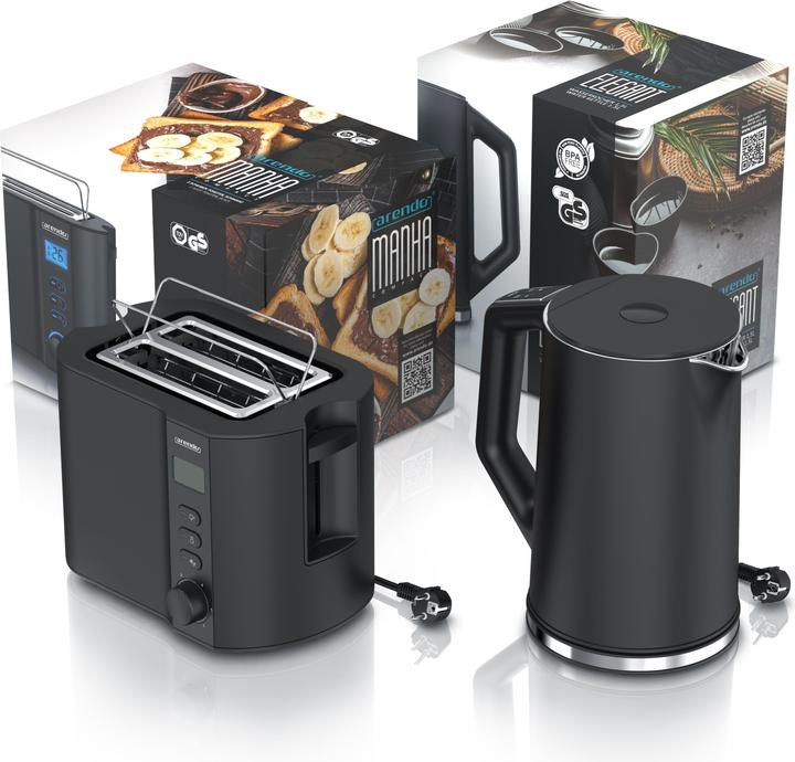 Produktbild Arendo Frühstücks Set Edelstahl Wasserkocher 1,5l mit Display & 2-Scheiben Doppelschlitz Toaster, Schwarz (1.50 l)