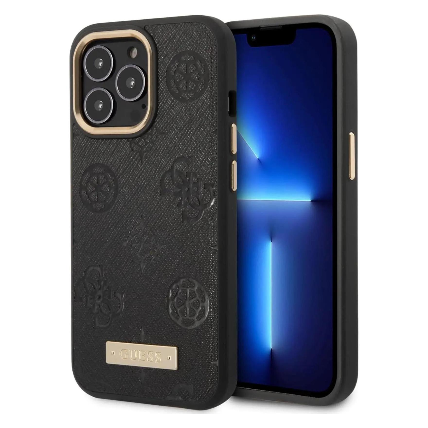 Guess GUHMP13LSAPSTK IPhone 13 Pro / 13 6, 1" Czarny/black Hardcase Peony Logo Plate MagSafe (Apple IPhone 13 Pro), Smartphone Hülle, Schwarz