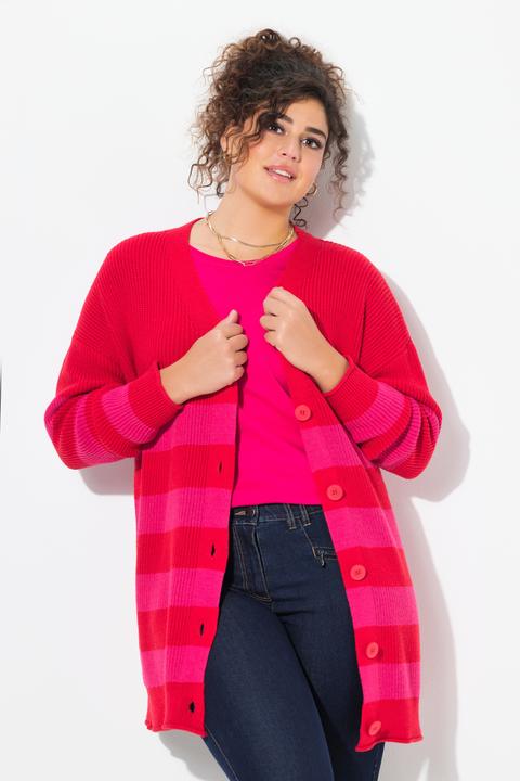 Image du produit Ulla Popken Cardigan rayé à bords roulottés, encolure en V et coupe Boxy (42, 44)