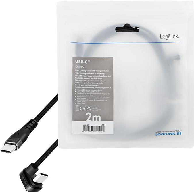 Actual product image LogiLink USB 2.0 Type-C cable, C/M 180° to USB-C/M, aluminium, black, 2 m (2 m, USB 2.0, 60 W)
