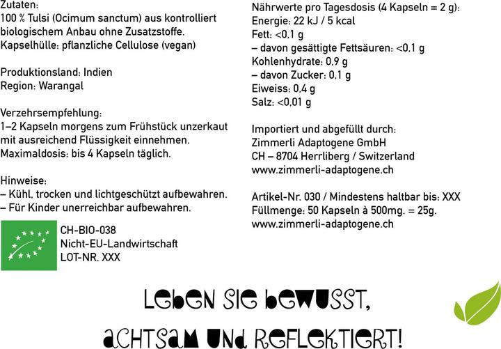 Produktbild Zimmerli Adaptogene Tulsi Kapseln (BIO) 50 Kapseln (1 Stück, Kapseln, 25 g)