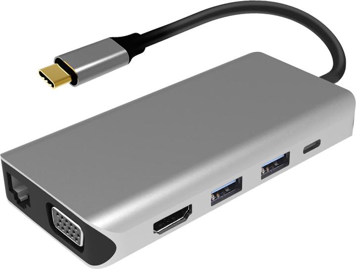 Produktbild PNI Multiport-Adapter MP10 USB-C auf HDMI, VGA, 3 x USB 3.0, SD/TF, RJ45, Audio 3.5, USB-C PD, 10 Au (USB-C)
