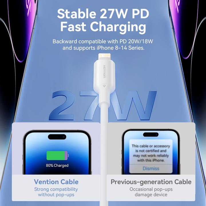 Actual product image Vention USB 2.0 Type-C Male to Lightning Male 3A Cable 2M White PVC Type (2 m, 27 W)