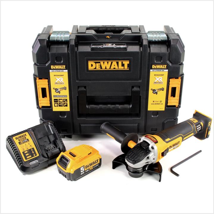 Actual product image DeWalt DCG 405 P1 Battery angle grinder 18V 125mm Brushless + 1x battery 5.0Ah + charger + TSTAK (125 mm)