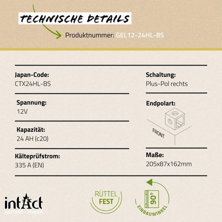 Nutritional values and ingredients Intact GEL12-24HL-BS Bike-Power GEL 24Ah Motorcycle Battery (DIN 82400) YTX24HL-BS (12 V, 24 Ah, 335 A)