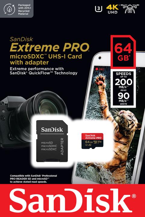 Actual product image Sandisk Extreme PRO UHS-I V30 (64 GB, microSDXC, U3, UHS-I)