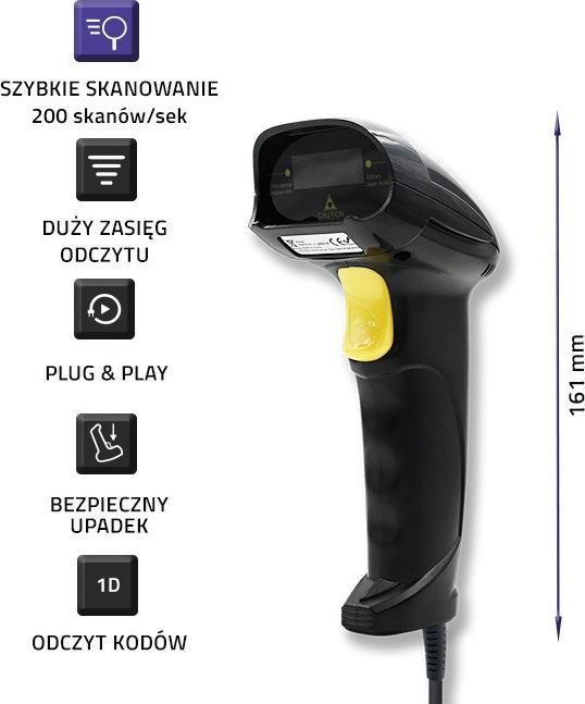 Actual product image Qoltec Laserowy czytnik kodów kreskowych 1D | 2D | czarny (1D barcodes, 2D barcodes, QR Code)