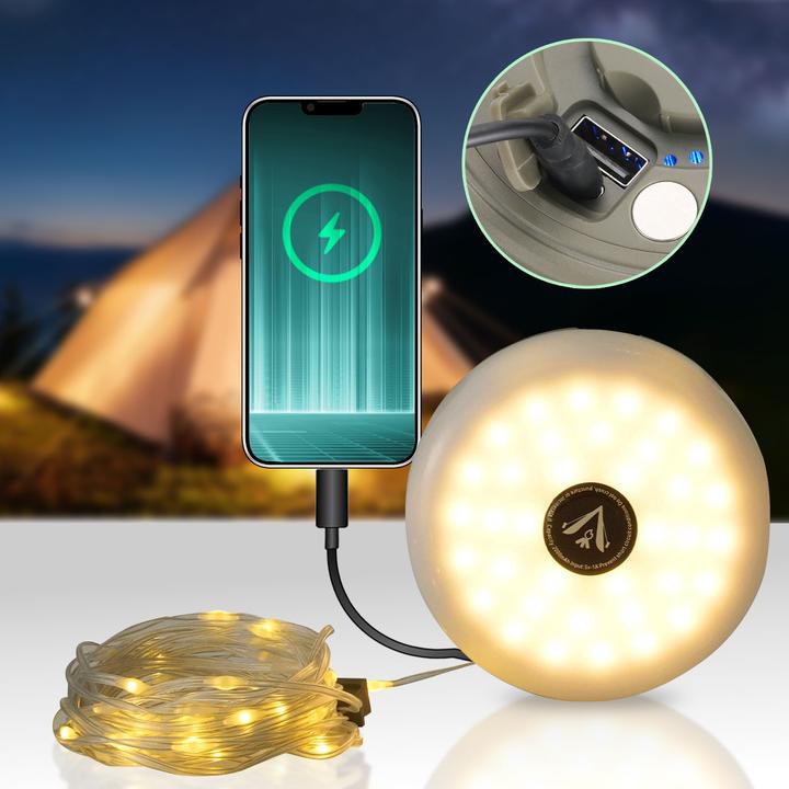 Actual product image Comfort Aid 2in1 Campinglampe mit Lichterkette, 10m, aufrollbar, Akku, 5 Lichtmodi, IPX4