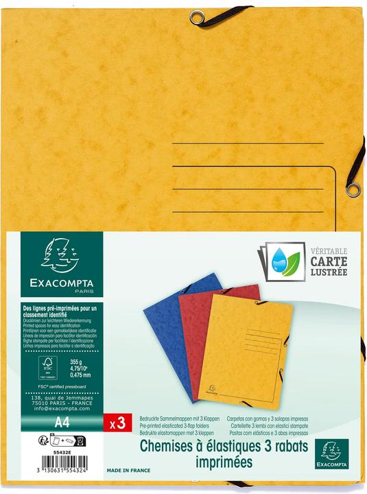 Image du produit Exacompta Chemise à élastique 3 rabats carte lustrée 355gm2 - A4 - Couleurs assorties (A4, 3 x)