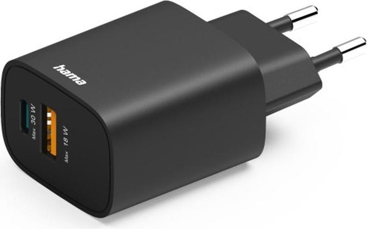 Produktbild Hama Schnellladegerät, 1x USB-A, 1x USB-C, PD, 30 W, Schwarz (30 W, 2 Ports)