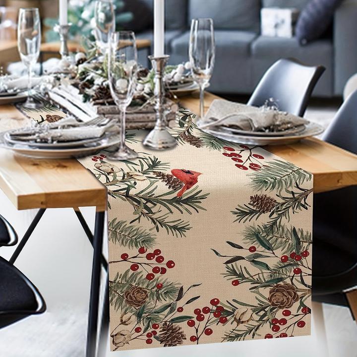 Actual product image Alopini Table runner, winter theme pine needles twigs printed table runner, pine cones cardinal red birds (100 x 100 cm)