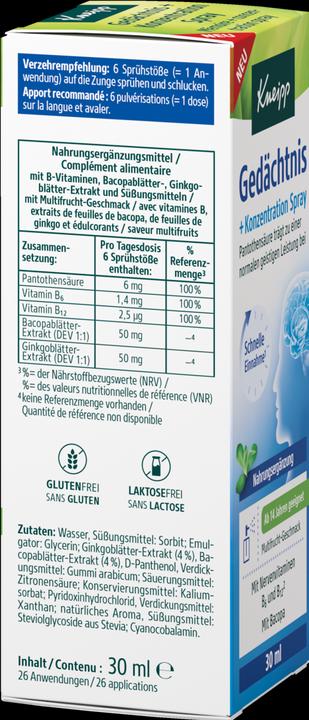 Nutritional values and ingredients Kneipp Mémoire + concentration spray (1 Piece, Spray)