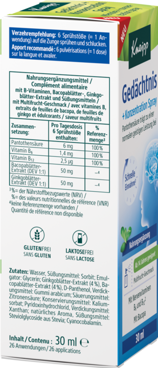 Valeurs nutritives et ingrédients Kneipp Mémoire + concentration spray (1 pièce(s), Spray)