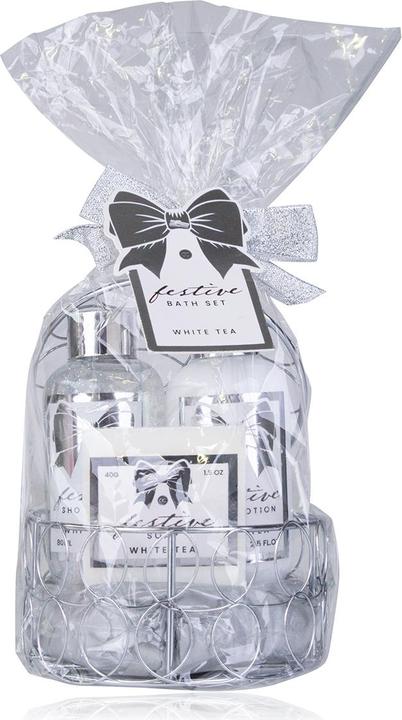Accentra Badeset FESTIVE in rundem Drahtkorb, inkl. 80ml Duschgel, 80ml Bodylotion, 40g Seife, Duft: White Te (Körperpflegeset, Haarpflege Set)