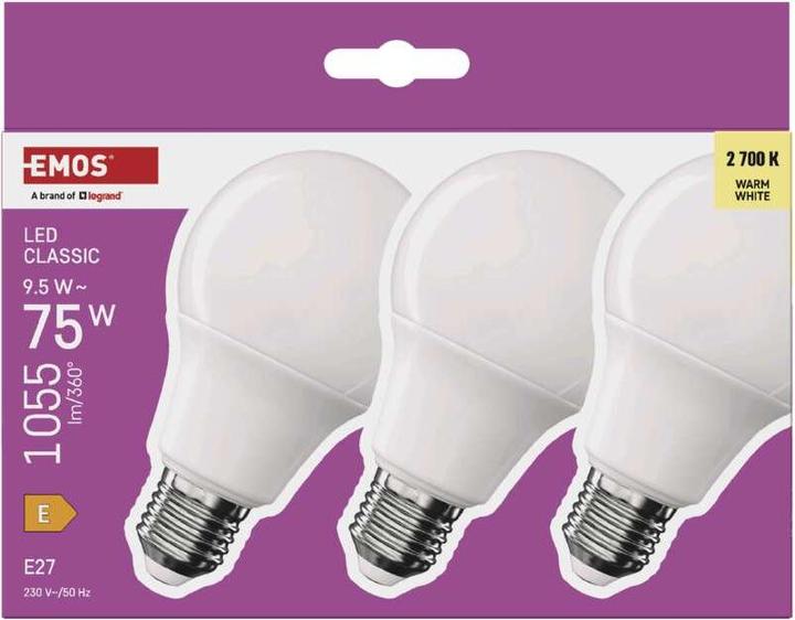 Immagine prodotto Emos Lampada LED Classic A60 / E27 / 9,5 W (75 W) / 1055 lm / Bianco caldo (E27, 9.50 W, 1055 lm, 3 x, E)