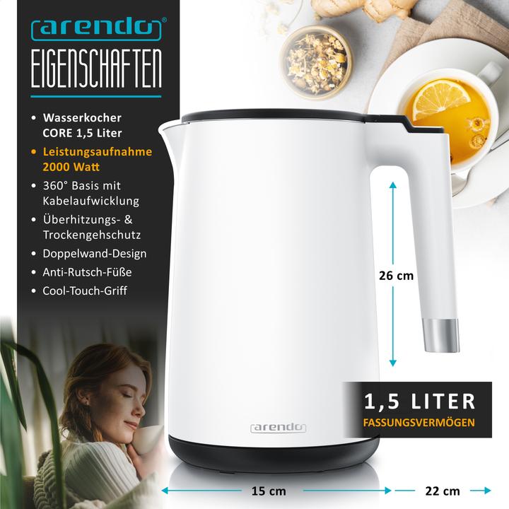 Produktbild Arendo Wasserkocher 1,5 L, Edelstahl, Doppelwand-Design, 360° Controller, weiss matt, 2000 W, Teekocher (1.50 l)