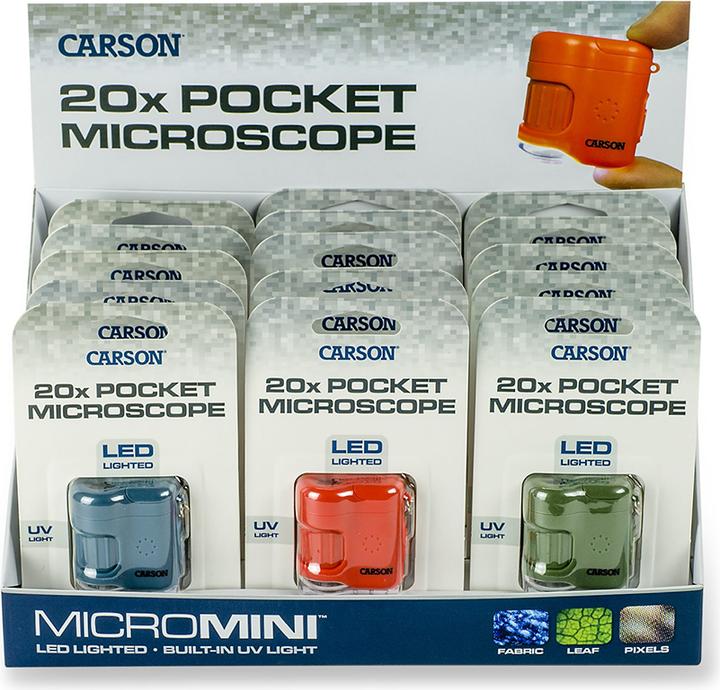 Actual product image Carson Pocket microscope MicroMini 20x with UV and LED, 15 pieces display