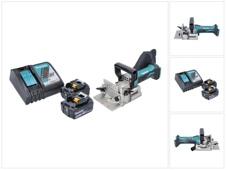 1x fresa a batteria Makita DPJ 180, 1x pre-morsetto, 1x sacchetto per la polvere, 1x fresa da 100 mm, 1x chiave frontale, 2x batteria Makita BL 1840 B 18 V 4.0 Ah, 1x caricabatterie Makita DC 18 RC