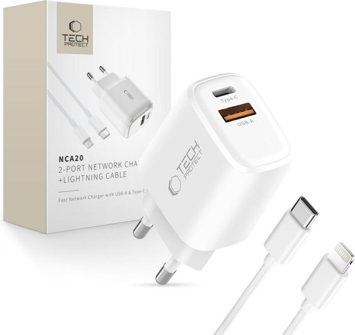 Produktbild Tech-Protect NCA20 PD 20W QC3.0 USB-A / USB-C Wandladegerät + USB-C / Lightning Kabel 100cm - Weiss (20 W, 2 Ports)
