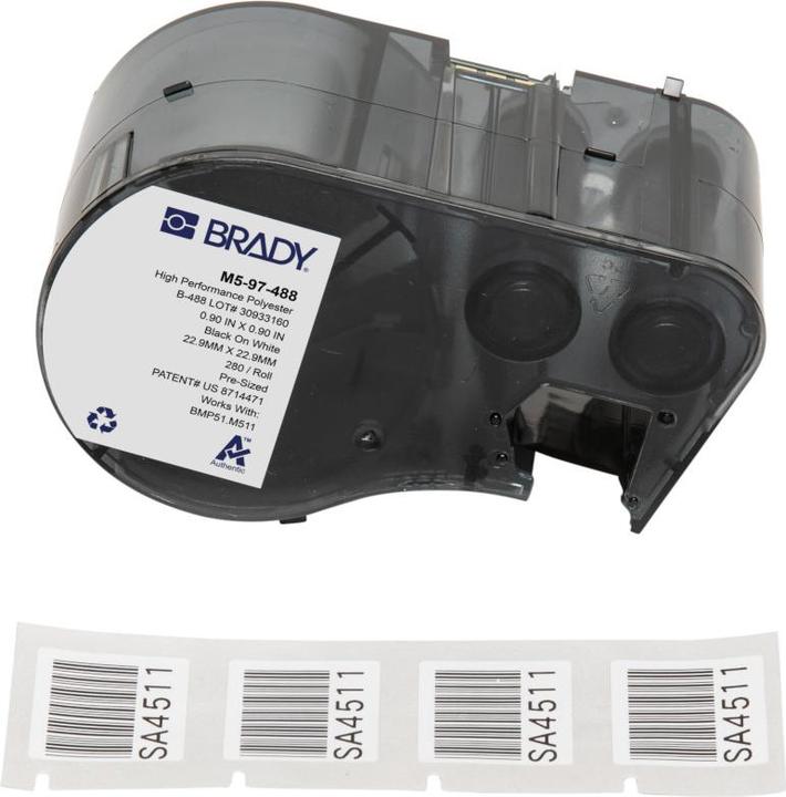 Actual product image Brady M5-97-488, polyester, black on white, 22.86 x 22.86 mm, permanent(280 E.)