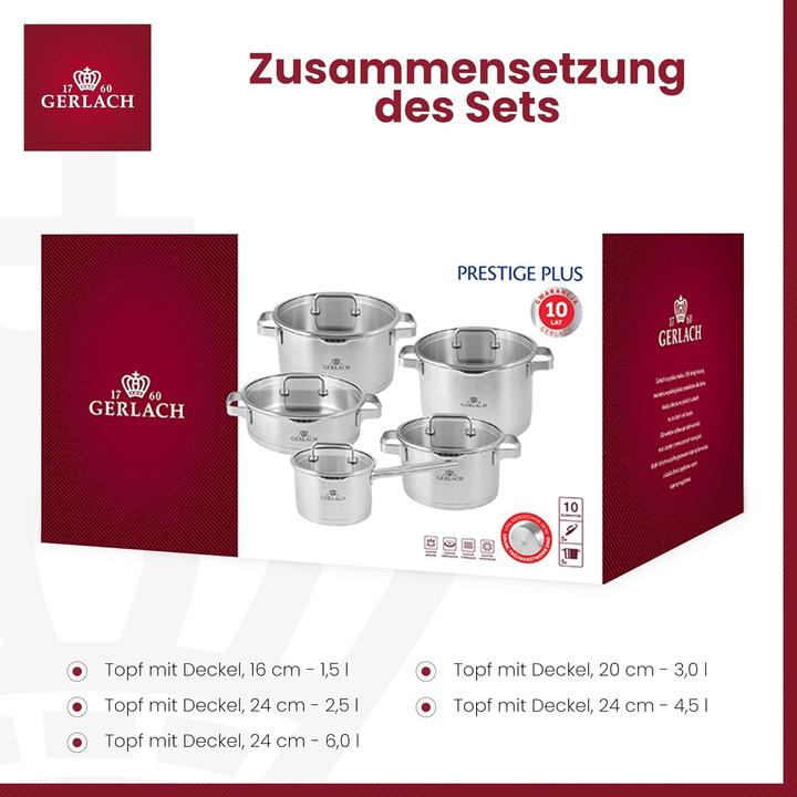 Produktbild Gerlach PRESTIGE PLUS Topfset 10-tlg. 342M 24.20.24 (Pfannenset + Topfset, Edelstahl)