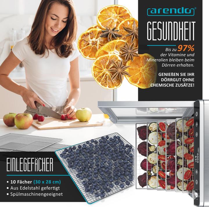 Produktbild Arendo Dörrautomat Edelstahl, Temperaturregler von 30° bis 90 °C, Dörrgerät, Dehydrator 800 W, 10 Etagen