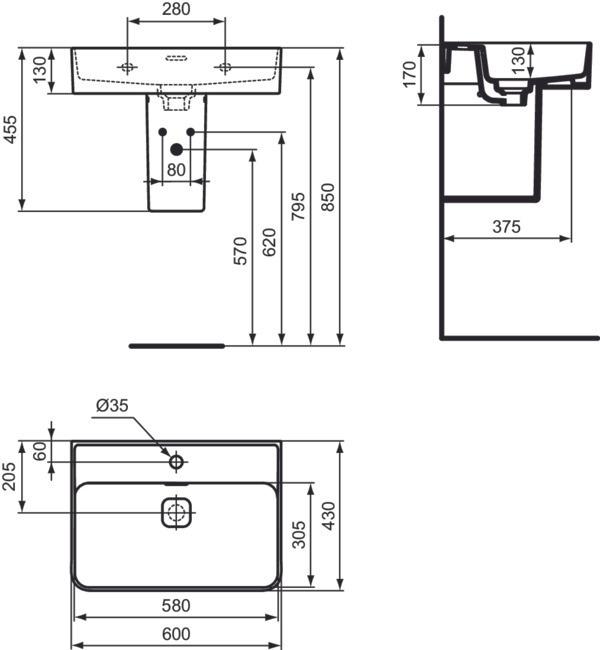 Actual product image Ideal Standard IDS washbasin STRADA II 1 HL Use geschli 600x430x170mm white I+ (200 mm, 600 mm)