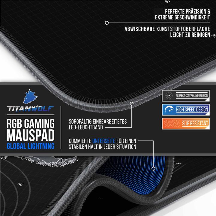 Produktbild Titanwolf RGB Gaming Mauspad, Mausmatte XL 800 x 300mm verbessert Präzision & Geschwindigkeit, Global