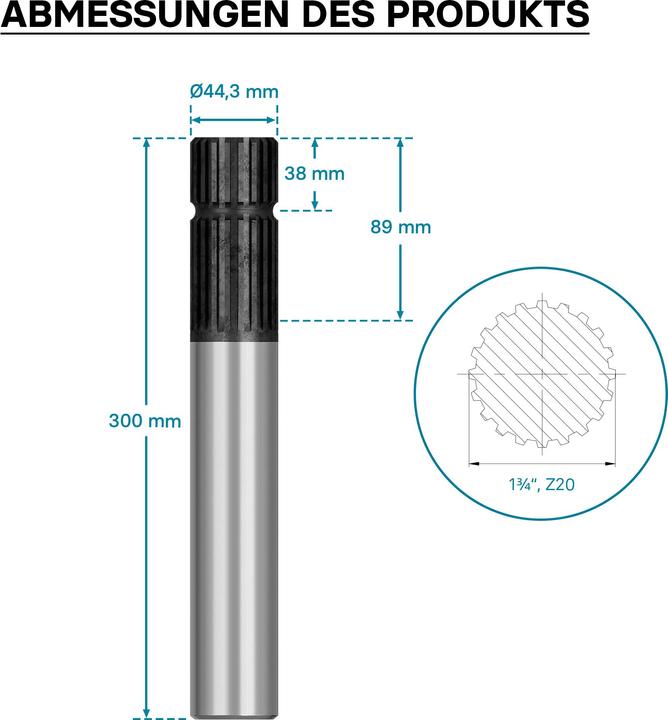 Produktbild Wiltec Zapfwellen Keilwelle E1 300mm Vielkeilwelle für PTO-Shaft mit 1 3/4" Z20 Traktor (Traktorzubehör)