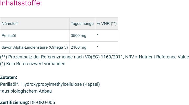 Nährwerte und Zutaten GSE Omega 3 Perilla Öl Bio Kaps (90 Stk., Kapseln, 192 g)