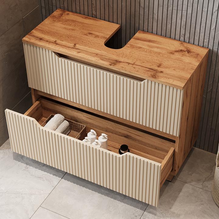 Actual product image Vicco Waschbeckenunterschrank Lotta, Eiche/Kaschmir gestreift, 79.6 x 62.5 cm mit 2 Schubladen (79.60 x 32 x 62.50 cm)