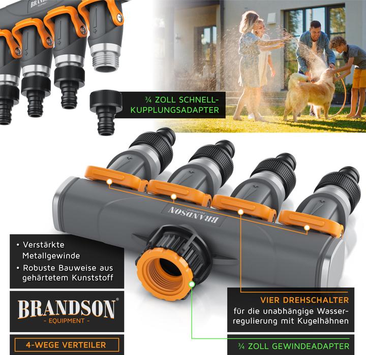 Produktbild Brandson 4-Wege Verteiler 4-fach Schlauchverteiler Gartenschlauch, schmaler Wasserverteiler, 3/4 & 1/2 Zoll (4 Wege Verteiler)