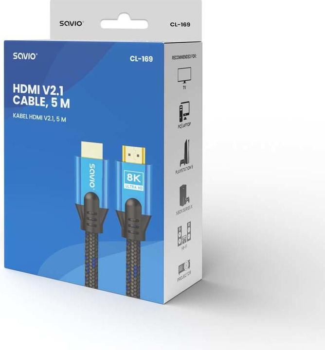 Productafbeelding Savio HDMI (M) v2.1 kabel 5m 8K koper blauw-zwart gouden tips CL-169 (5 m)