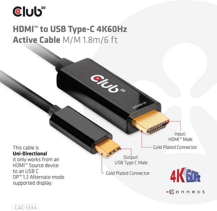 Produktbild Club 3D HDMI (Typ A) — USB Typ C (1.80 m, HDMI, USB Typ C, 2.0)