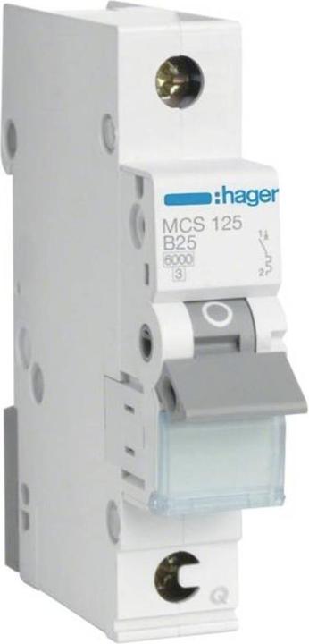 Actual product image Hager MCS125. Rated current: 25 A. Type: C-type, Module quantity (max): 1 module(s). Width: 17.5 mm