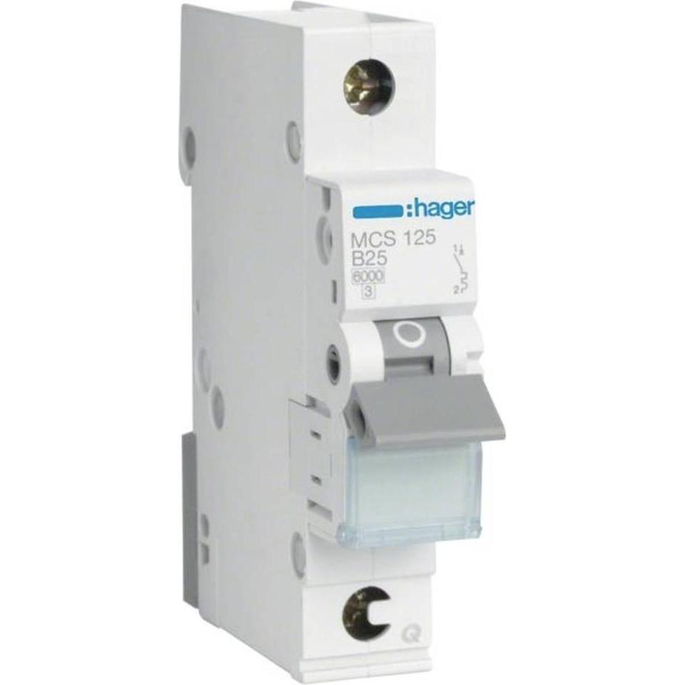 Hager MCS125. Nennstrom: 25 A. Typ: C-type, Module Menge (max): 1 Modul(e). Breite: 17,5 mm, Tiefe: 70 mm (MCS125)