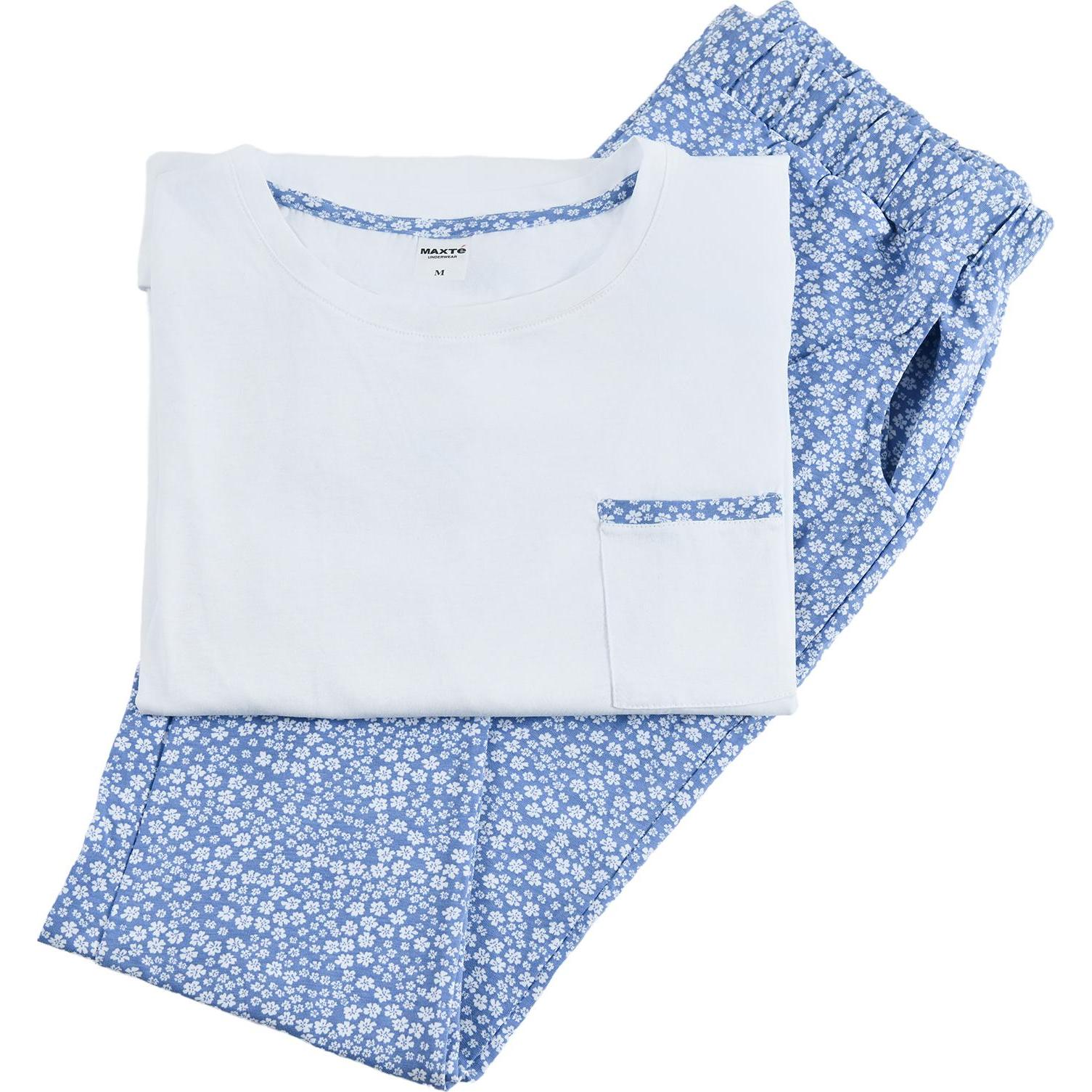 Maxte, Damen, Pyjama, Klassisches langärmeliges Pyjama-Set aus Baumwolle, Blau, (XL)
