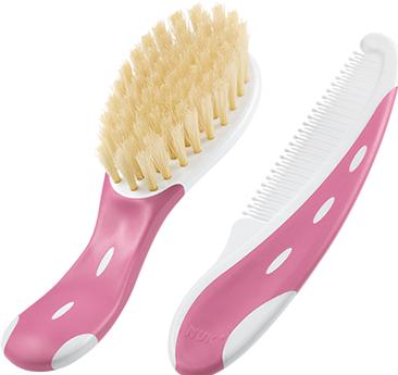 NUK Baby brush with comb, brush made of 100% natural hair, comb with rounded tips, red