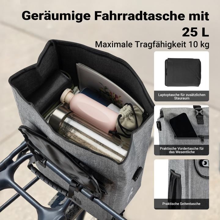 Produktbild Wiltec Gepäckträgertasche grau 25l Fahrradtasche Rucksack Gepäcktasche (25 l, Gepäckträgertasche)
