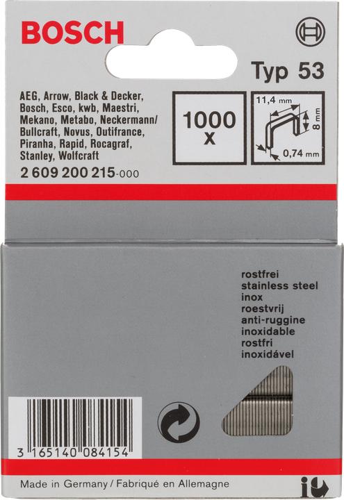 Image du produit Bosch Professional Zubehör Agrafe à fil fin type 53, 11,4 x 0,74 x 8 mm, paquet de 1000, inoxydable