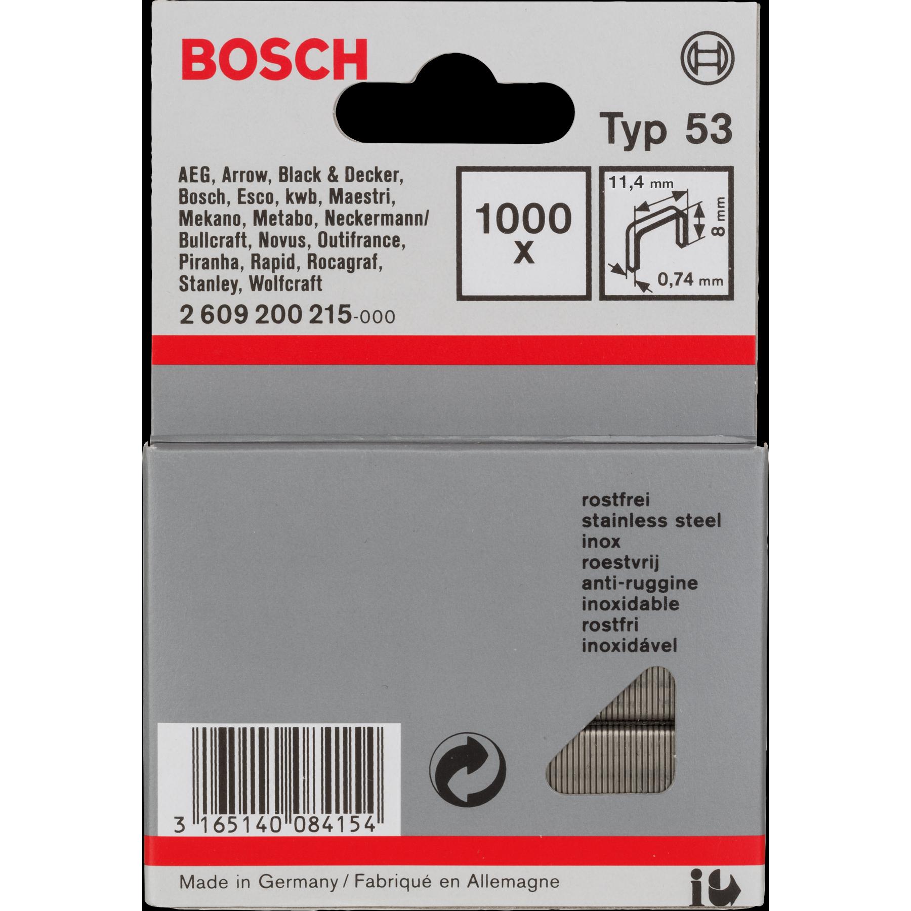 Bosch Professional Zubehör, Tackerklammern + Tackernägel, Feindrahtklammer Typ 53, 11,4 x 0,74 x 8 mm, 1000er-Pack, rost...