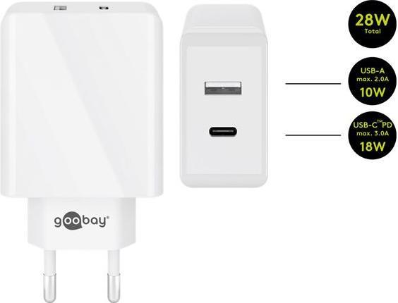 Produktbild Goobay Dual USB-Schnellladegerät USB/USB-C PD 28W, Weiss (28 W)
